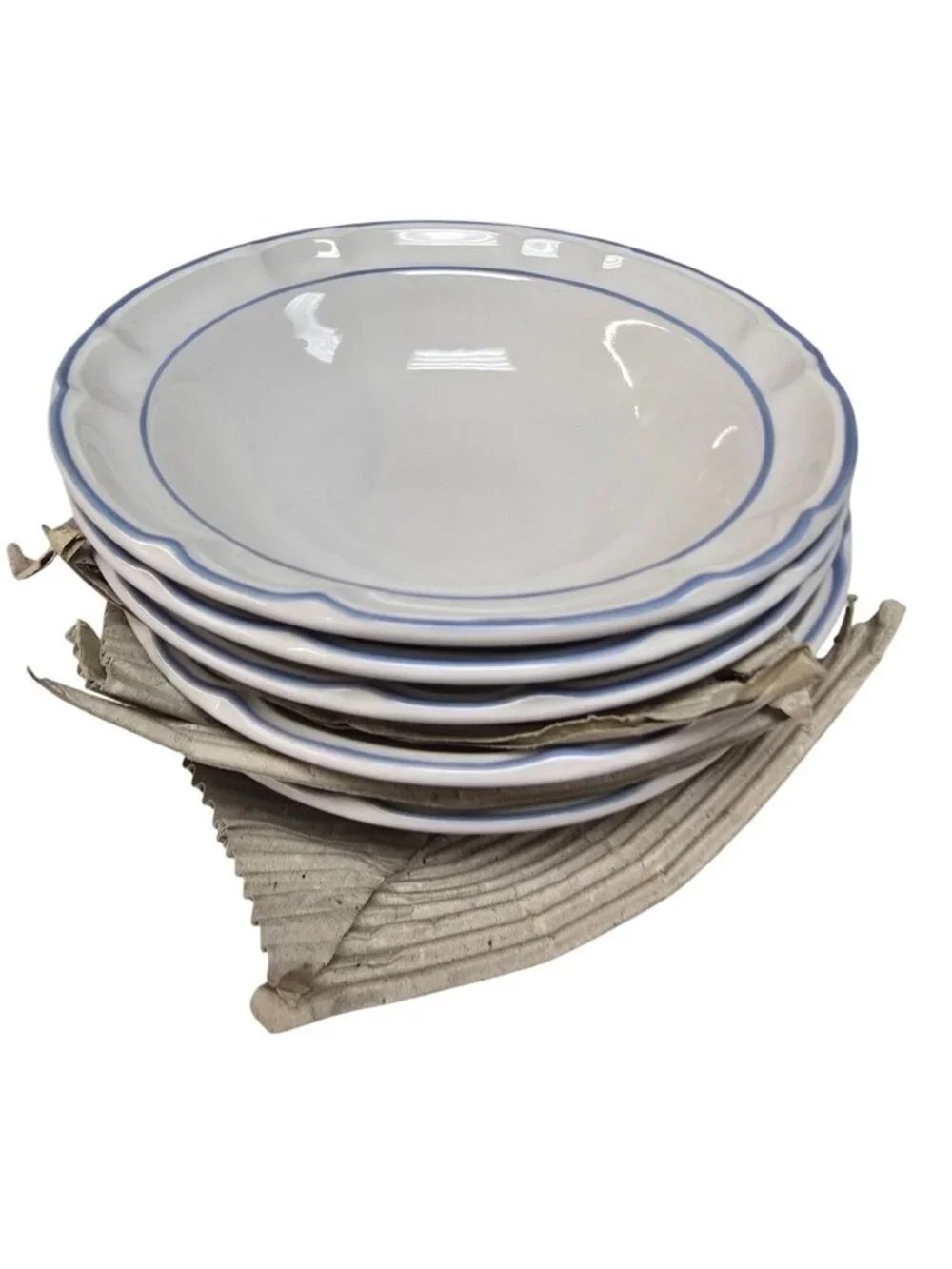 Floral Expressions Dessert Bowls SET 5 Stoneware Scalloped Edge & Blue Rim